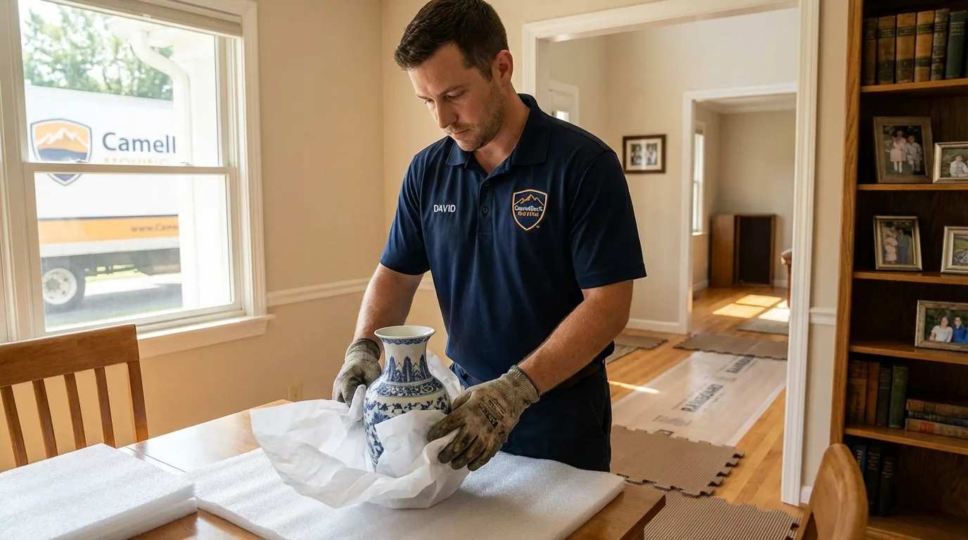 Professional crew carefully wrapping antique vase for senior downsizing move in Auburn, WA